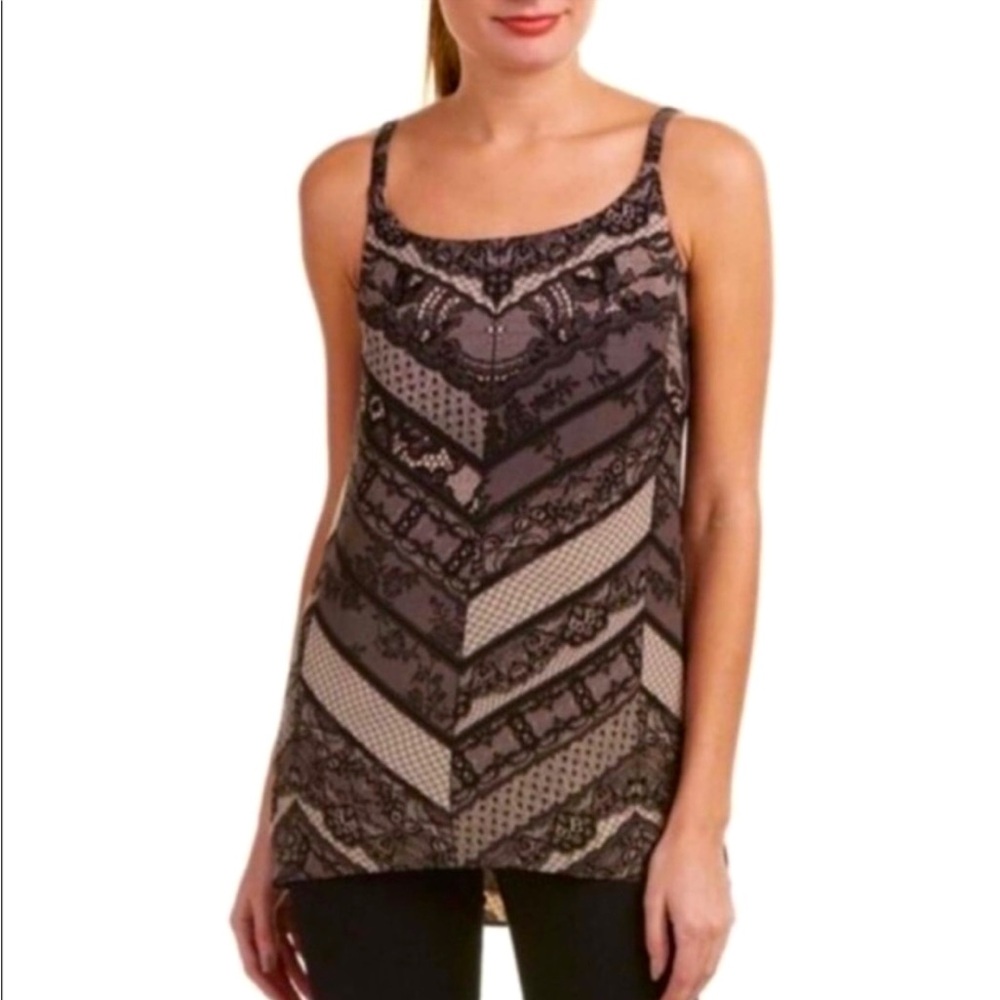 CAbi Monaco Lace Print Camisole Tunic Beige‎ Black Lace Print Sz M